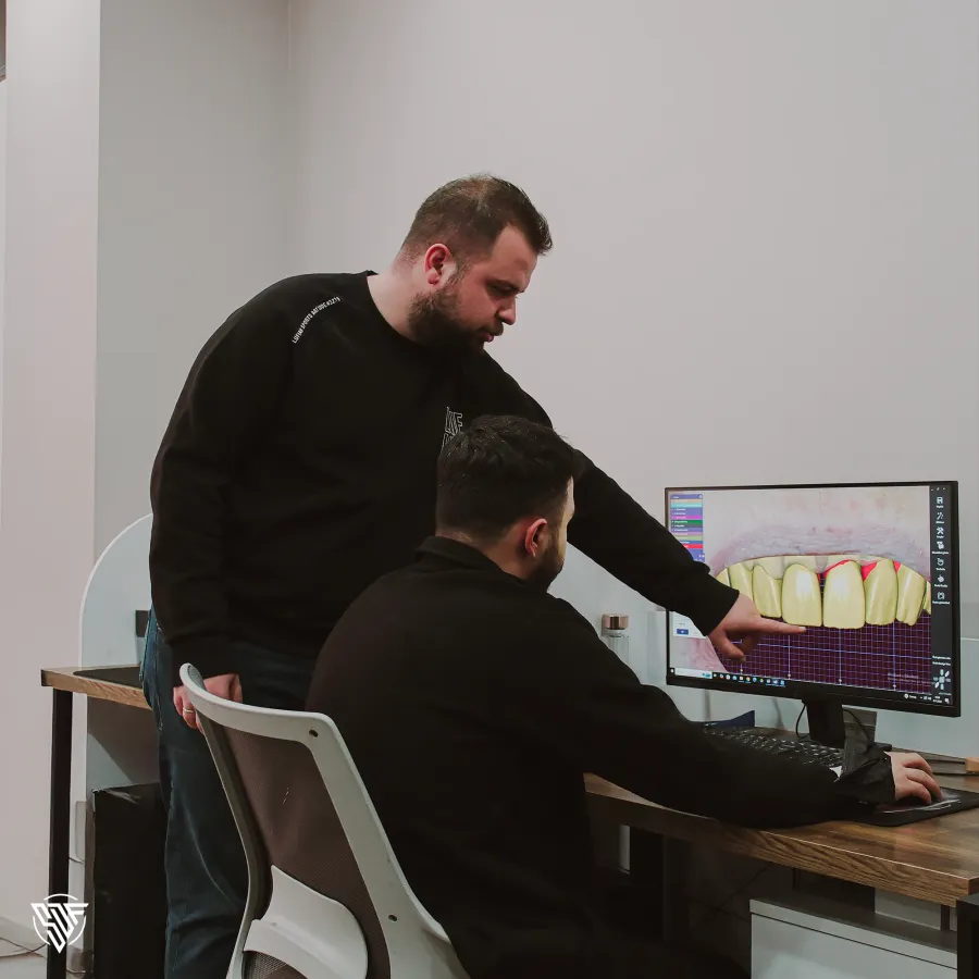 Two technicians reading a design together