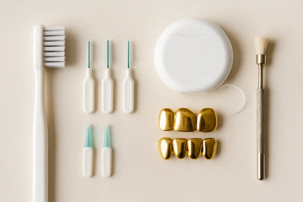 a toothbrush with soft bristles dental floss and a gold dental crown sample