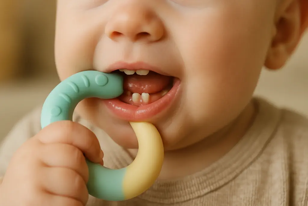 baby chewing on a teething toy