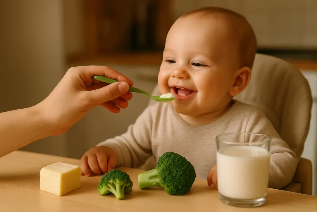 baby eating broccoli and drink glass of milk