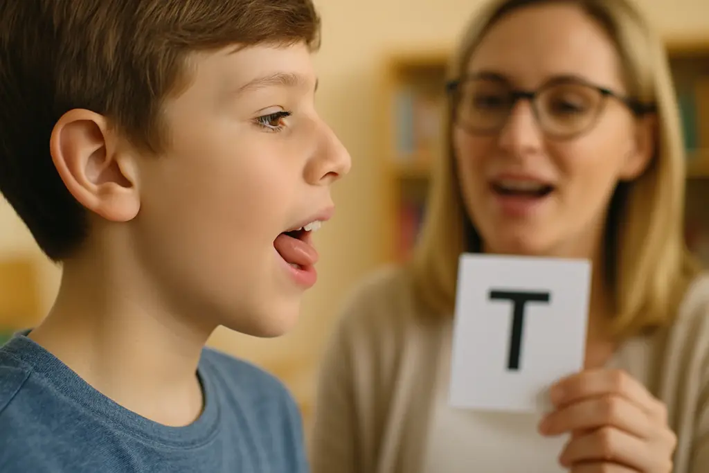 enfant parlant à voix haute avec un orthophoniste