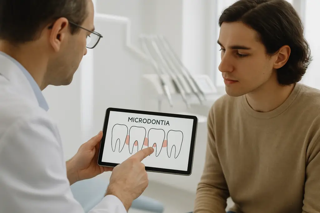 dentiste montrant un graphique dentaire à un jeune patient