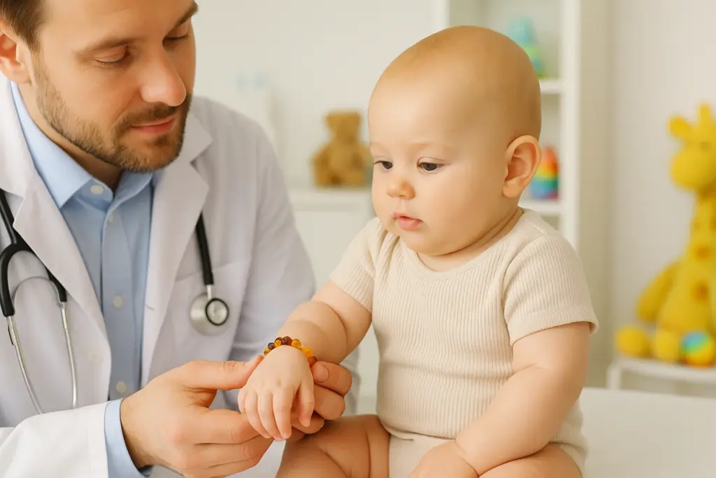 médico examinando la muñeca de un bebé con una pulsera de dentición