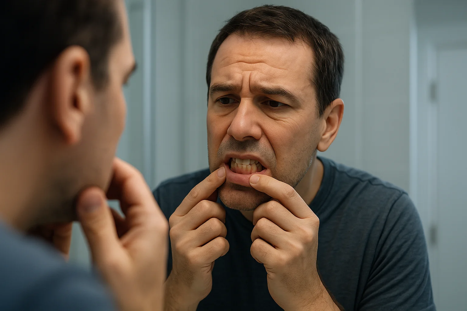 man looking his teeth in the mirror