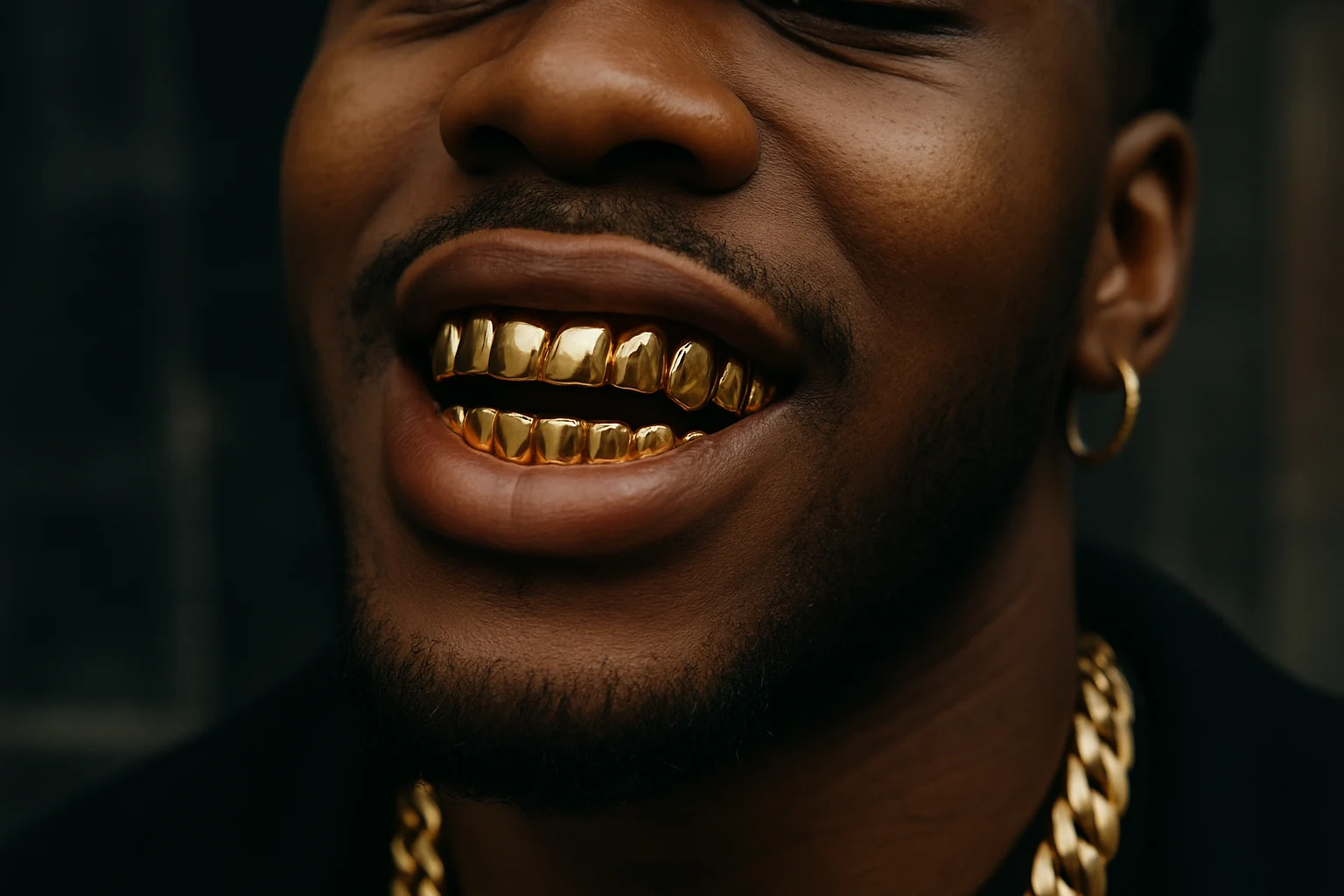 man smiling with his gold teeth