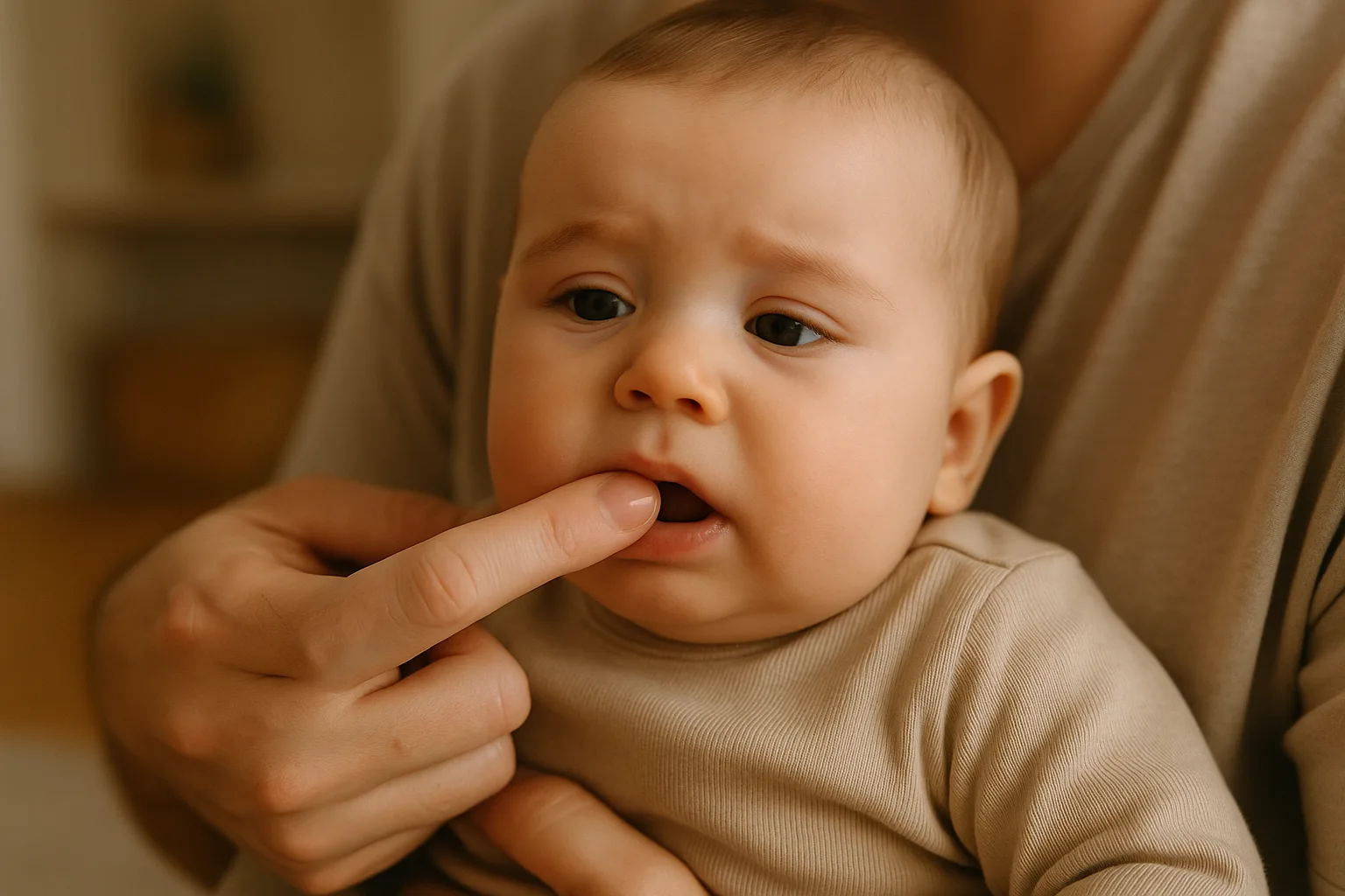 parent applies baby safe teething gel