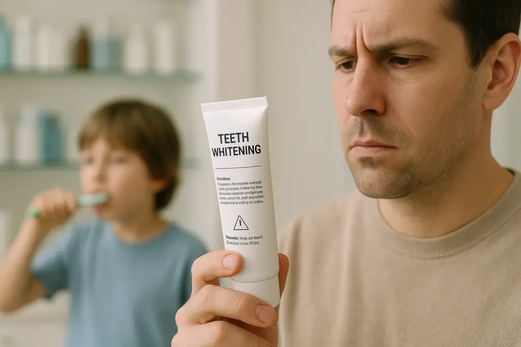 parent reading the label of a teeth whitening product