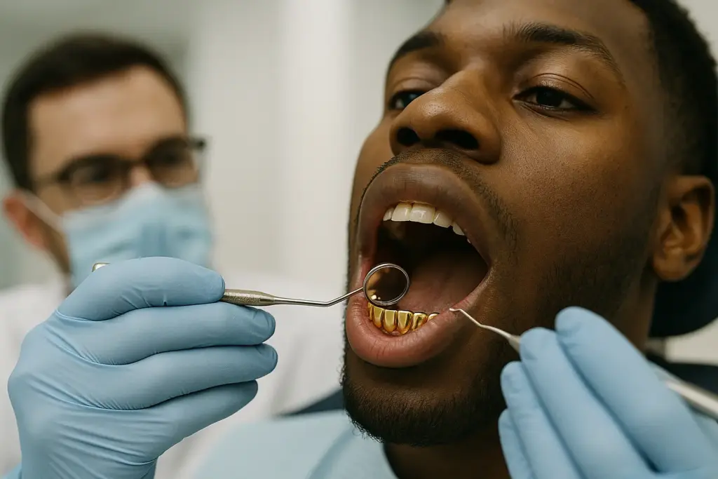patient showing shinny gold teeth