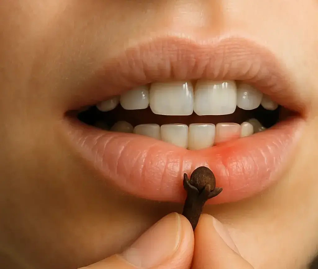 person eating clove for toothache