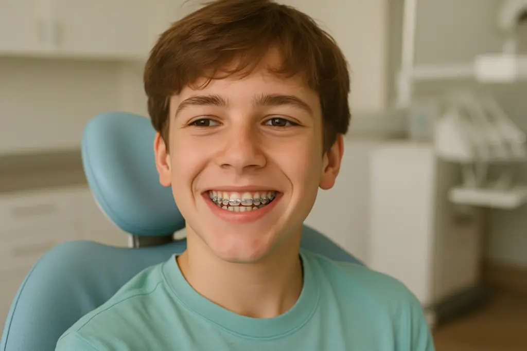 smiling teenager with braces seated in dental chair