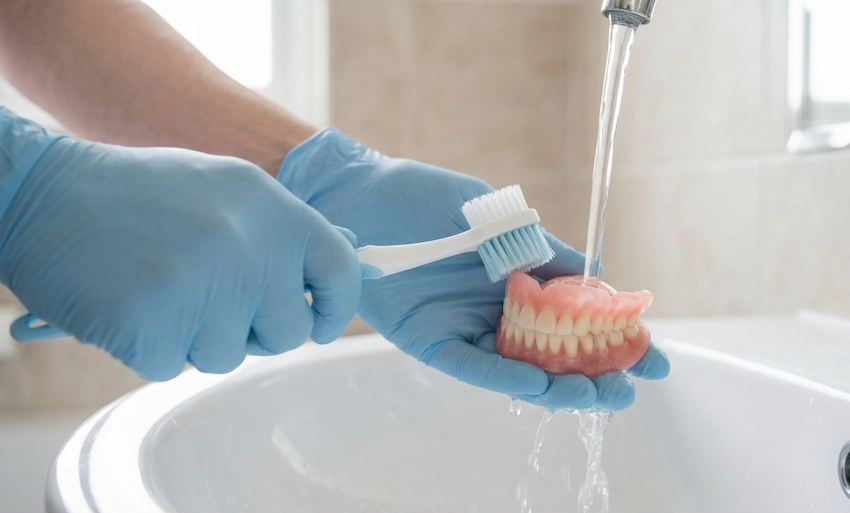 تنظيف الأطقم القابلة للإزالة باستخدام فرشاة ناعمة