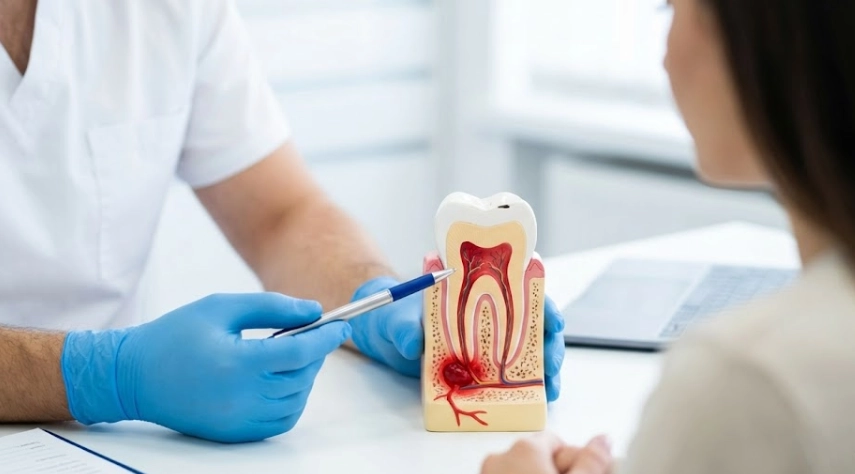 Un dentista explica la anatomía de una infección en el conducto radicular usando un modelo