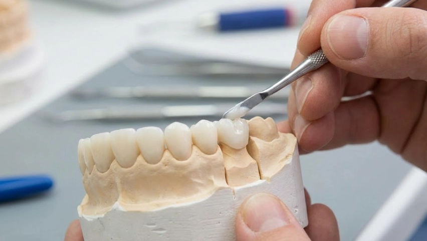 un tecnico dentale che lavora su un modello di singolo dente