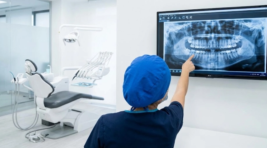 un dentista señala un absceso en una radiografía panorámica dental