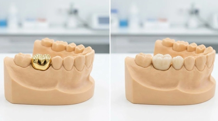 comparando coronas dentales de oro versus cerámica