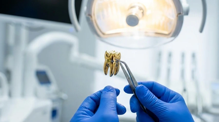 dentista inspeccionando corona dental de oro de alta calidad