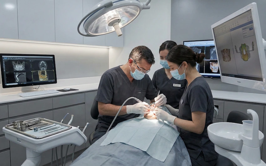 doctor explaining dental implant treatment patient