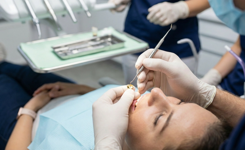 procedimiento de unión de carillas de oro en clínica dental Lema Turquía