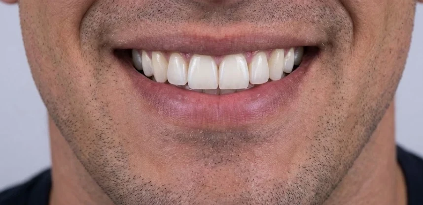 sonrisa masculina con dientes centrales cuadrados