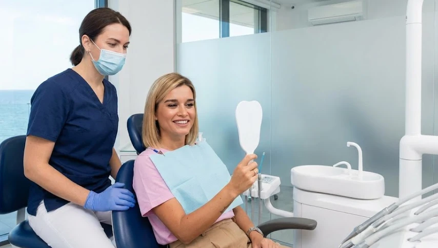 paciente admirando su nueva sonrisa