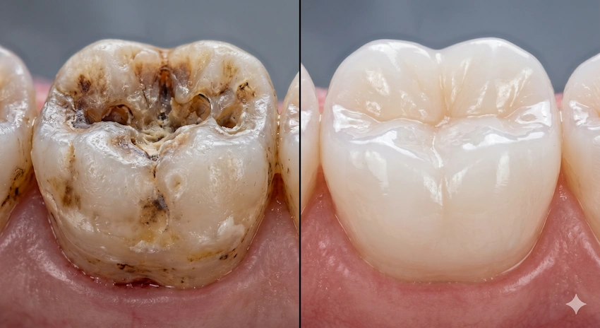 comparaison entre dent cariée et saine
