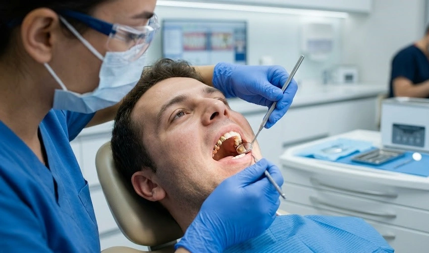 dentiste examinant une clinique de dents en or