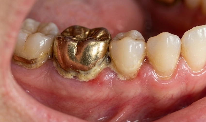 accumulation de plaque autour d'une couronne en or et maladie des gencives