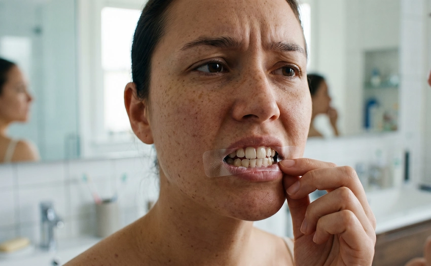 applying over the counter teeth whitening strips at home