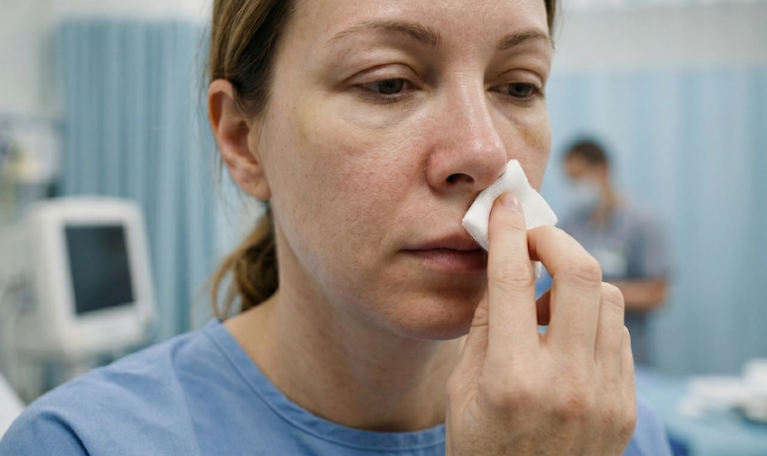 close up patient nosebleed gauze post sinus lift surgery clinical guide