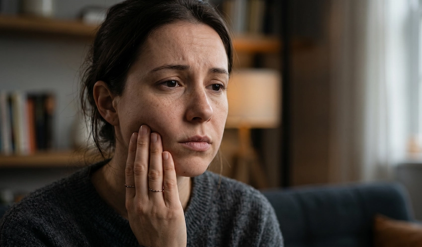concerned woman touching cheek after dental abscess popped