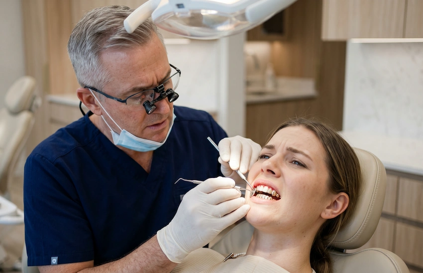 dentist examining oral damage caused by teeth grillz