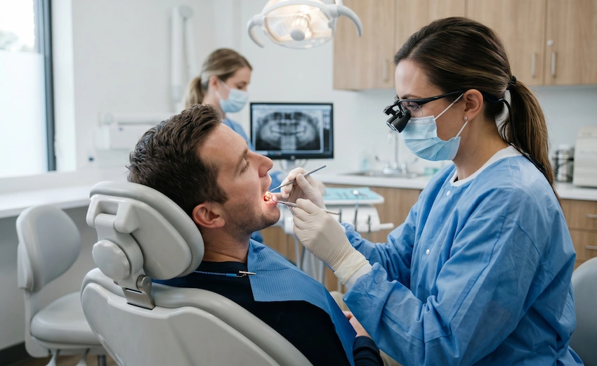 dentista examinando la salud de las encías del paciente en Turquía