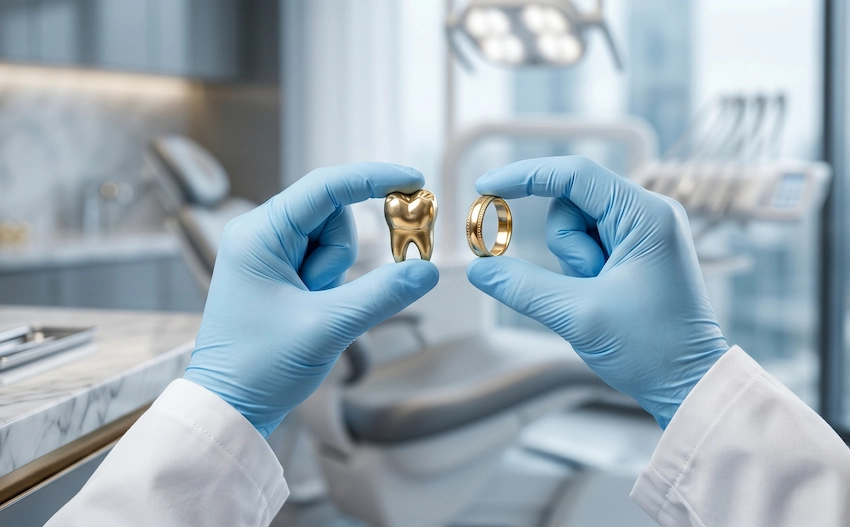 tandlægehænder sammenligner tandguld med guldring