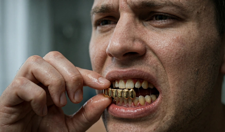 gold grillz teeth close up