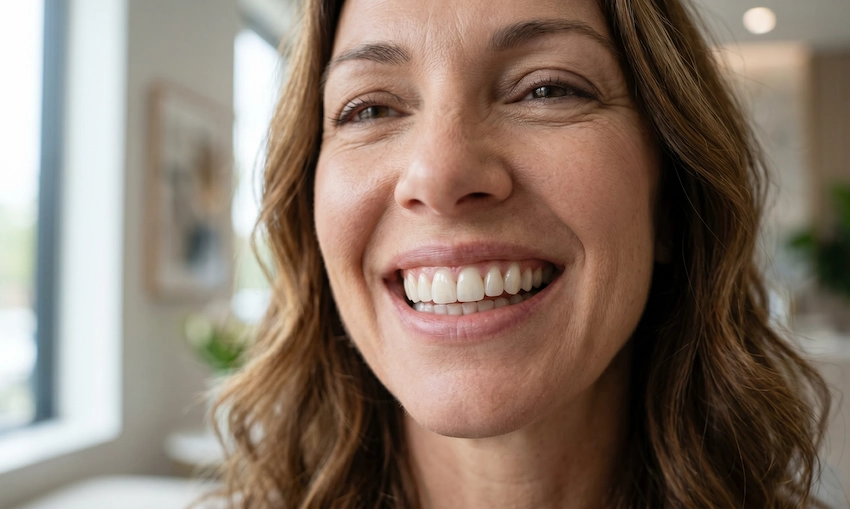 happy patient shows flawless natural porcelain veneers results in istanbul turkey