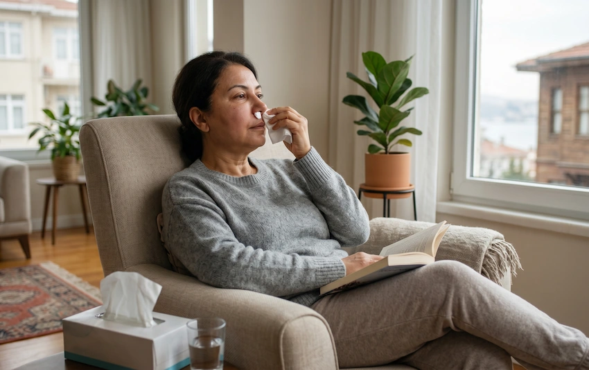 patient recovering at home reading with tissue post sinus lift nosebleed istanbul view