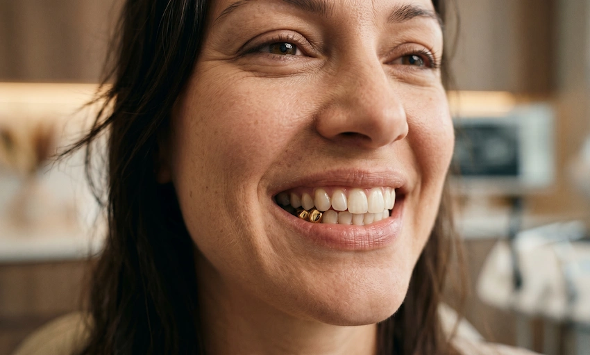 patient smilende med naturlig guld tandkrone