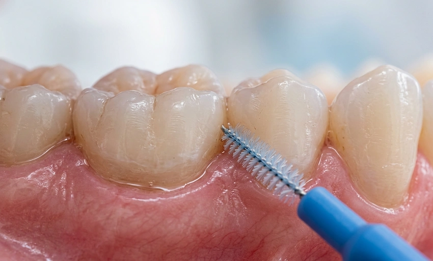 person using water flosser for gum health