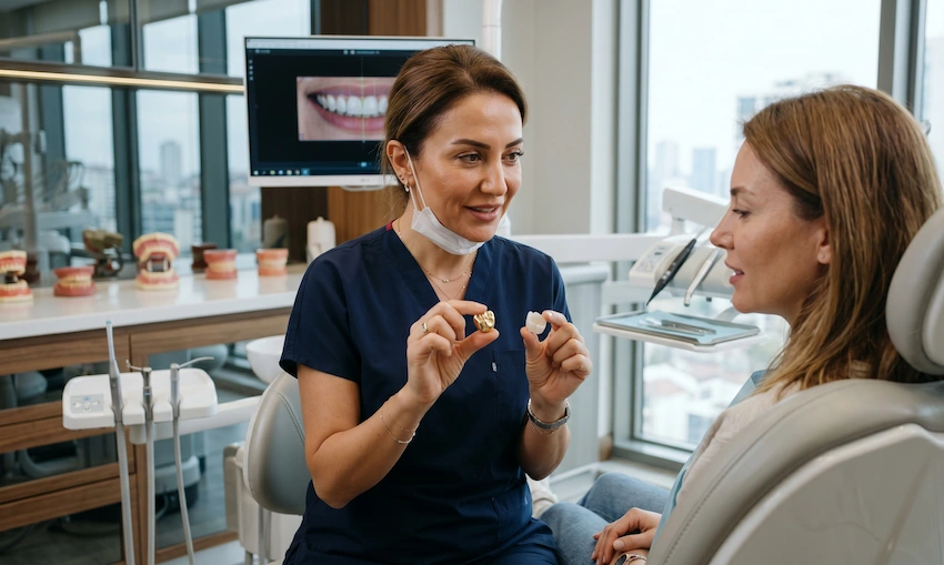 dentist explaining dental crown options gold vs porcelain