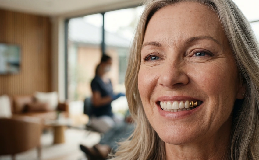 natural smile with gold dental crown closeup