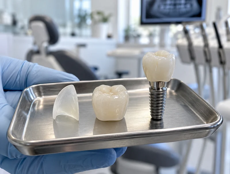 Close up comparison of veneer, crown, and implant