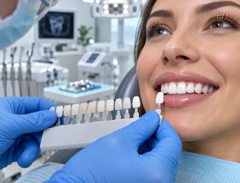 Dentist checking tooth shade guide Dentist checking tooth shade guide
