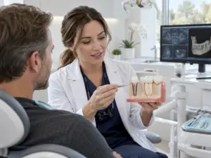 Dentist explaining jawbone 3D model