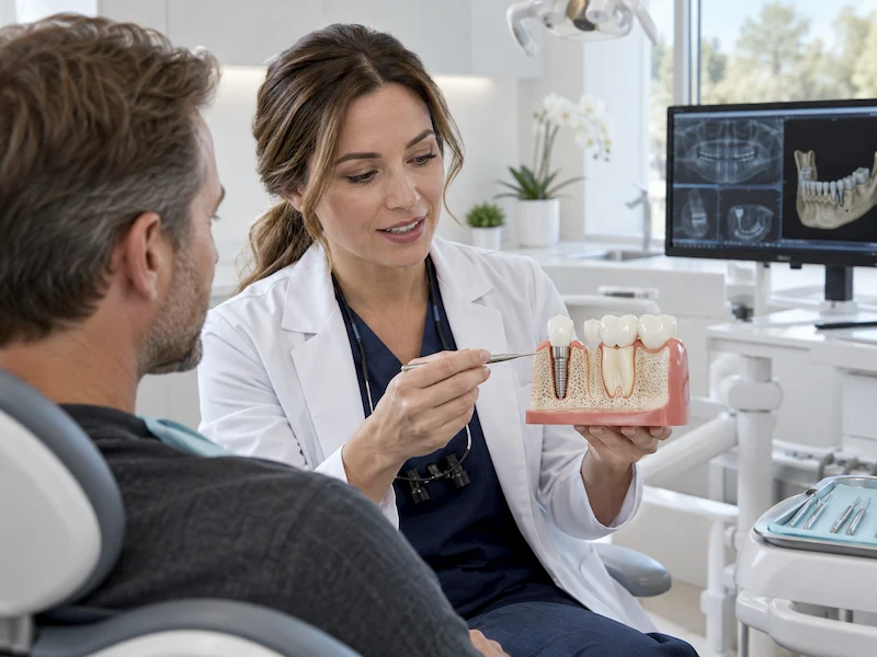 Dentist explaining jawbone 3D model Dentist explaining jawbone 3D model