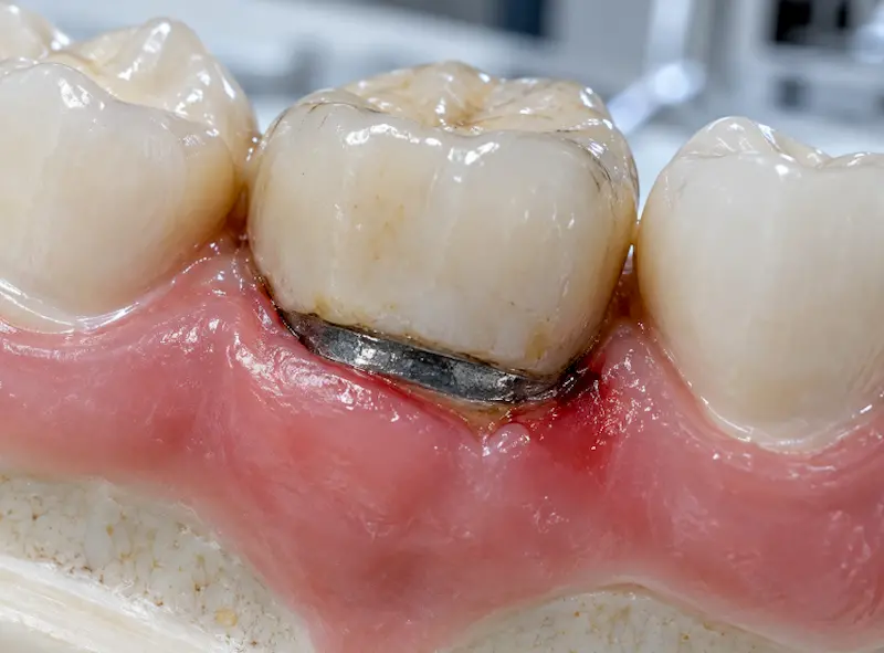 Macro shot of a failing PFM crown with gingival oxidation