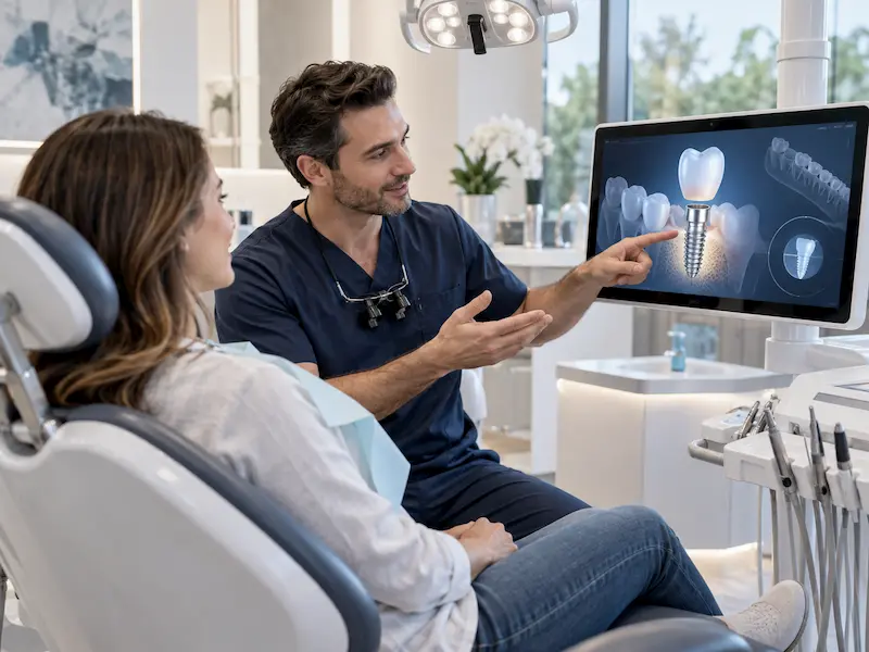 Patient reviewing dental implant timeline Patient reviewing dental implant timeline