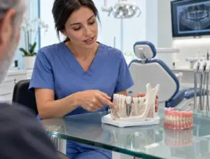 dentist comparing implant and denture