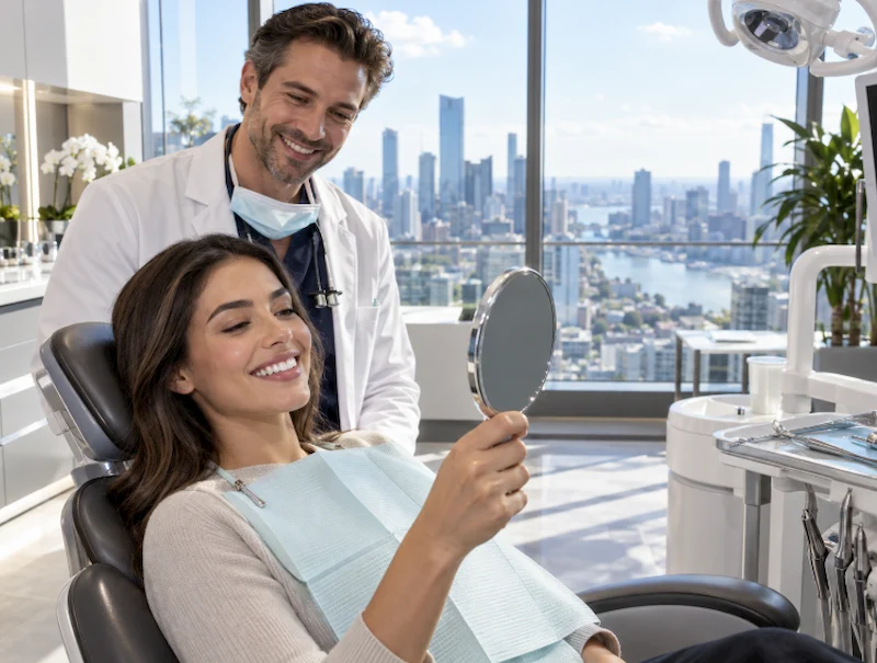 happy patient observing new smile happy patient observing new smile